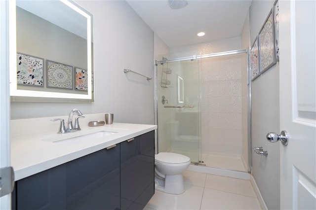 bathroom with tile patterned flooring, toilet, an enclosed shower, and vanity