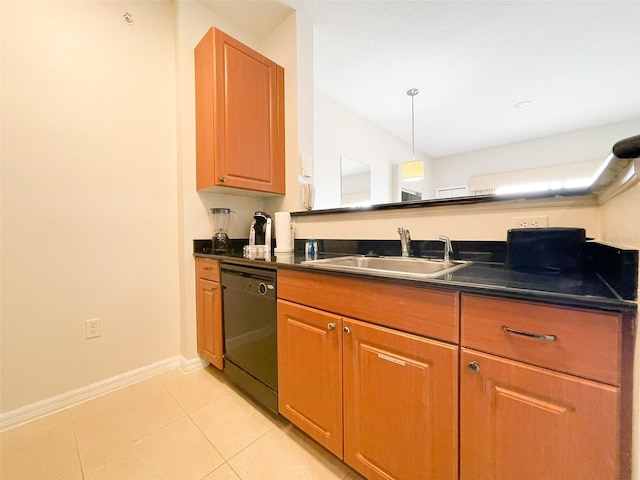 kitchen with pendant lighting, dishwasher, light tile patterned floors, and sink