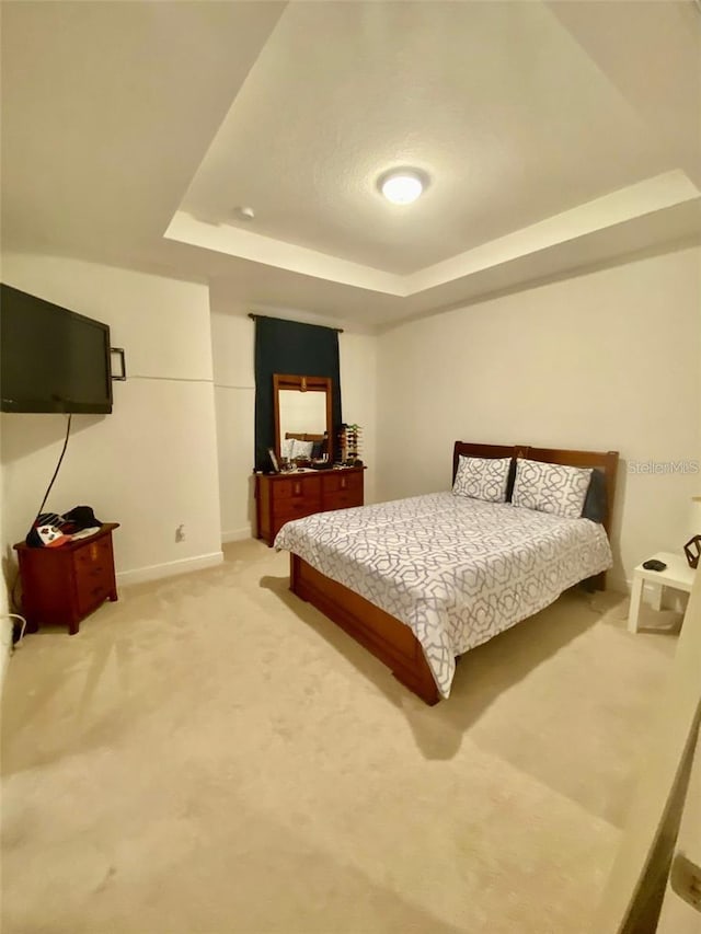 carpeted bedroom with a tray ceiling