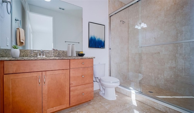 full bath with visible vents, a stall shower, vanity, and toilet