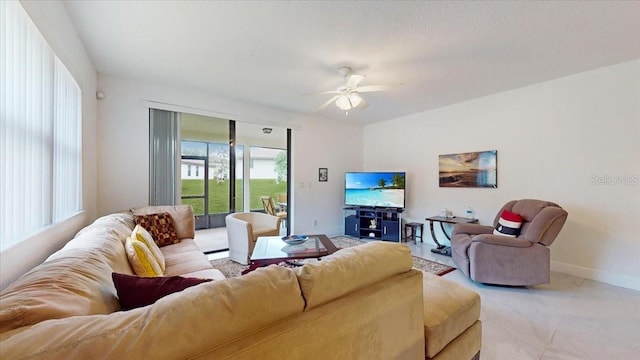 living room with ceiling fan