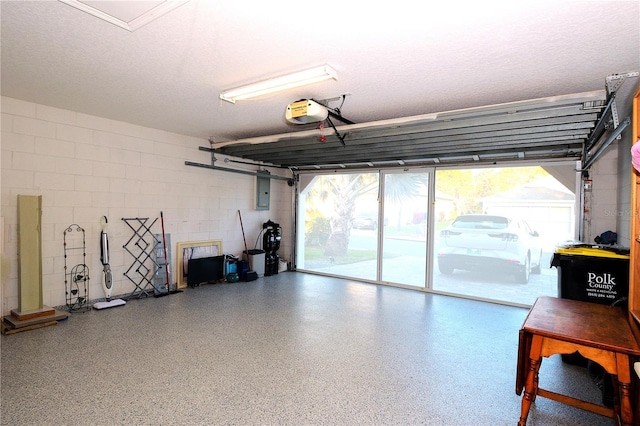 garage with a garage door opener and electric panel