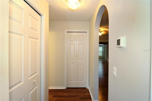 hall featuring dark hardwood / wood-style flooring and a textured ceiling