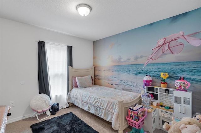 bedroom with light colored carpet