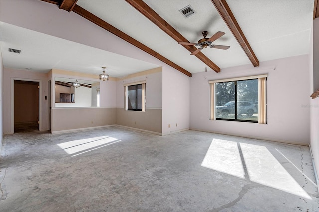 unfurnished living room with lofted ceiling with beams and ceiling fan with notable chandelier