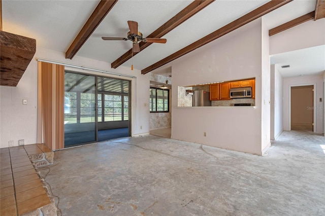 unfurnished living room with ceiling fan, beamed ceiling, a textured ceiling, and high vaulted ceiling