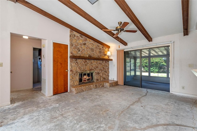 unfurnished living room featuring a stone fireplace, ceiling fan, beamed ceiling, and high vaulted ceiling