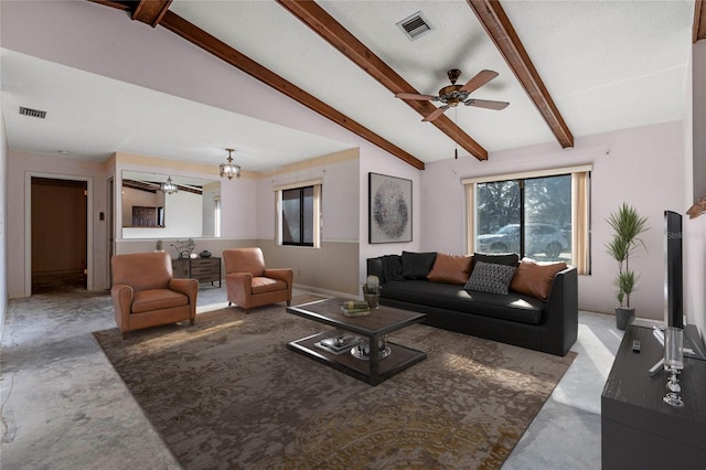 living room with a chandelier and vaulted ceiling with beams