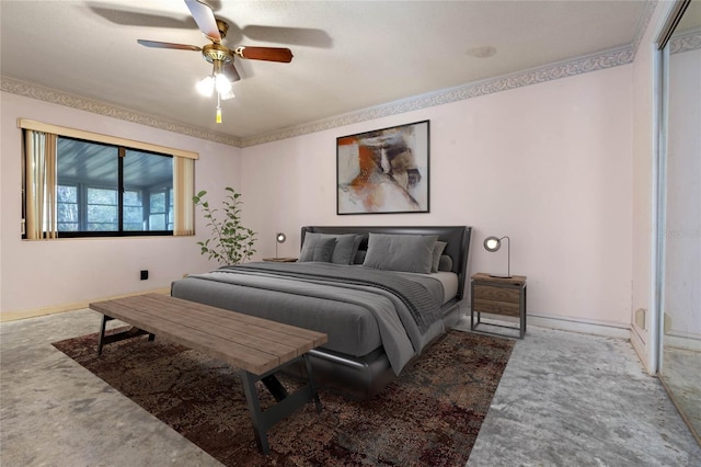 bedroom with carpet, ceiling fan, and ornamental molding