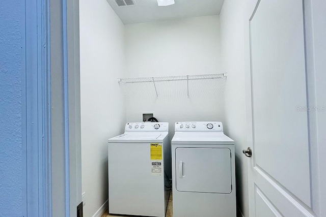 laundry area featuring laundry area, visible vents, and separate washer and dryer