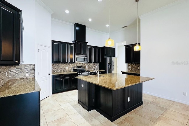 kitchen with a sink, appliances with stainless steel finishes, dark cabinets, and crown molding