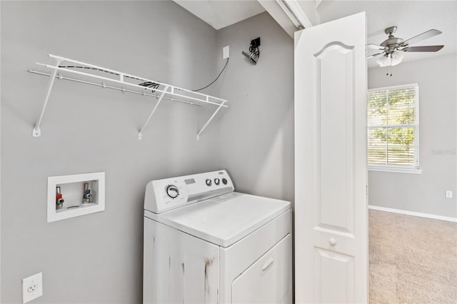 laundry area featuring ceiling fan, washer / clothes dryer, and light carpet