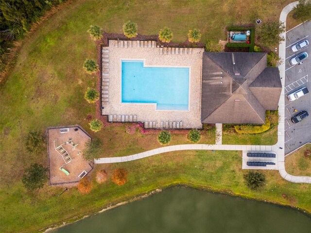 drone / aerial view featuring a water view