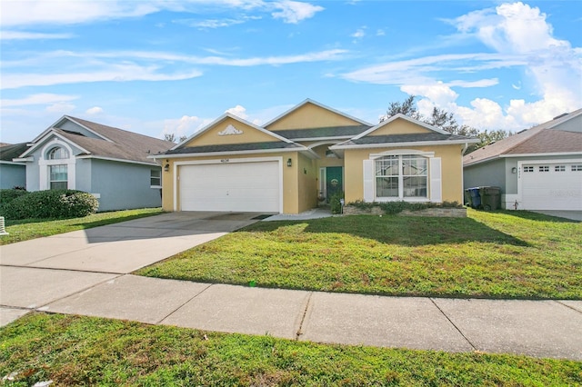 single story home featuring a front yard and a garage