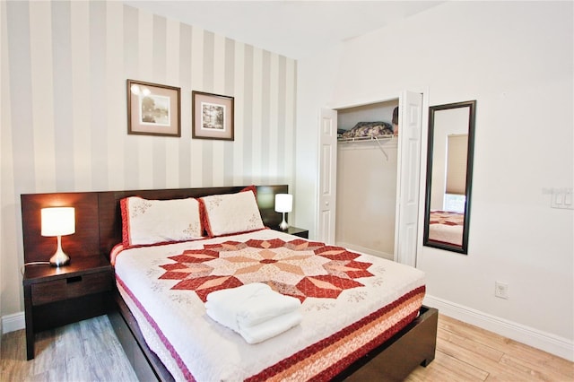 bedroom featuring wood-type flooring and a closet