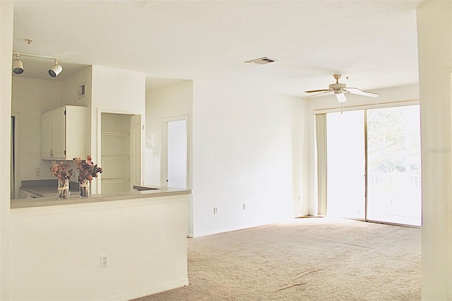 carpeted spare room featuring a textured ceiling, track lighting, and ceiling fan