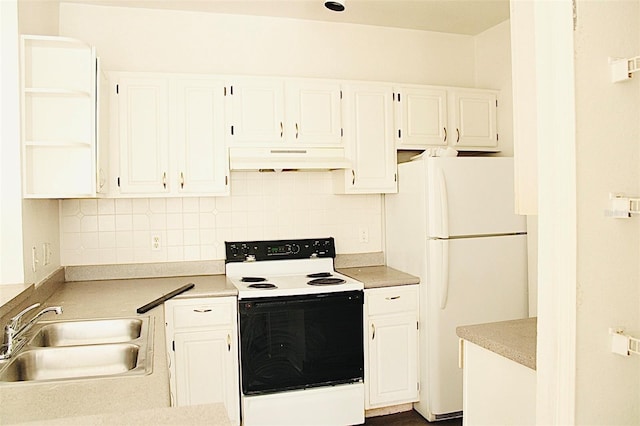 kitchen featuring backsplash, white cabinetry, white appliances, and sink