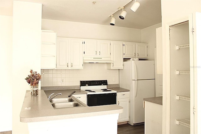 kitchen featuring sink, kitchen peninsula, white appliances, decorative backsplash, and white cabinets