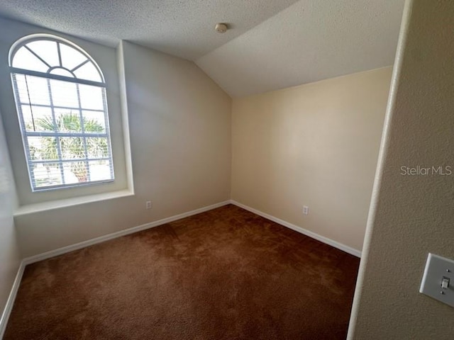 additional living space featuring dark colored carpet, a textured ceiling, and vaulted ceiling