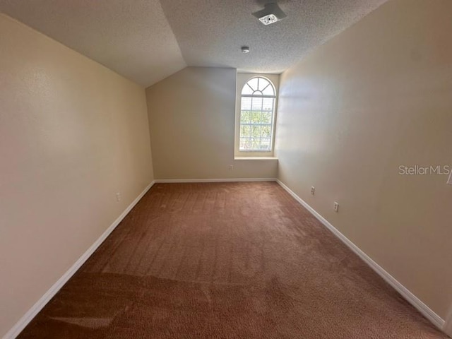 additional living space featuring carpet flooring, a textured ceiling, and vaulted ceiling