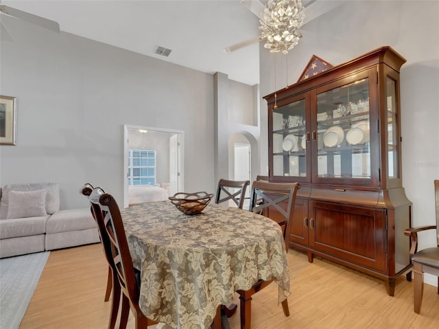 dining room featuring ceiling fan and light hardwood / wood-style floors