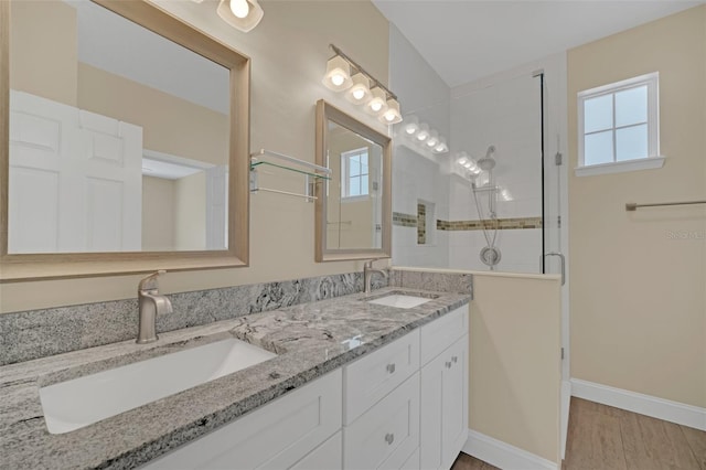 bathroom with a wealth of natural light, vanity, a shower with shower door, and wood-type flooring