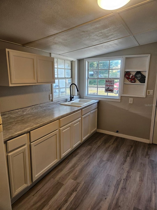 kitchen with a textured ceiling, sink, and dark hardwood / wood-style floors