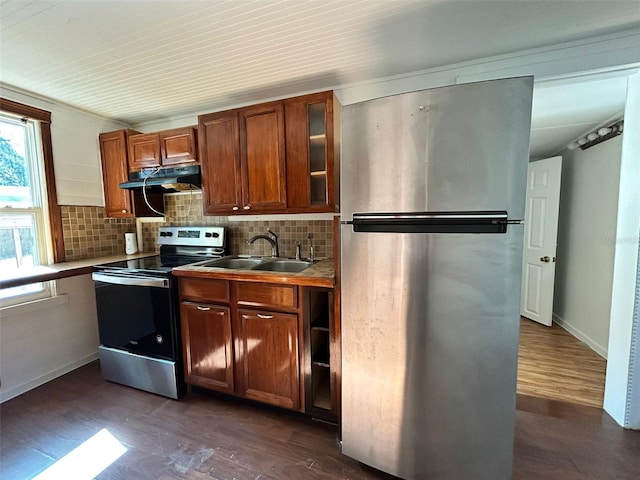 kitchen featuring stainless steel appliances, tasteful backsplash, dark wood-type flooring, and sink