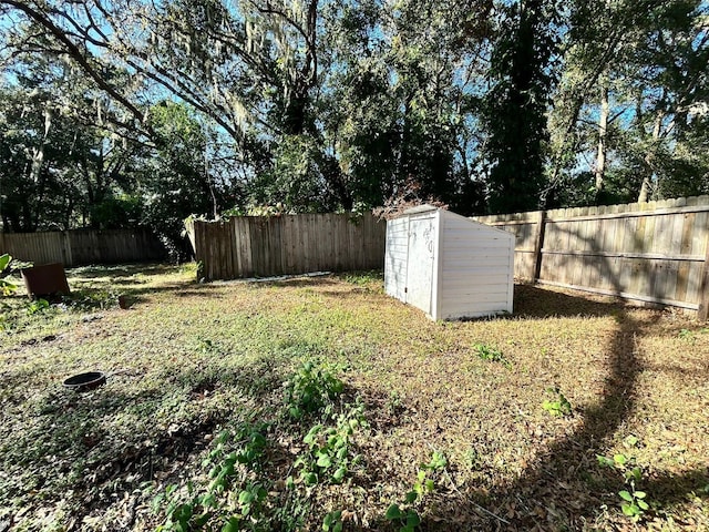 view of yard featuring a storage shed