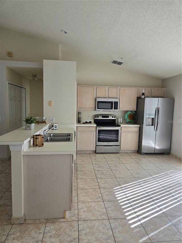 kitchen featuring a textured ceiling, sink, stainless steel appliances, and vaulted ceiling