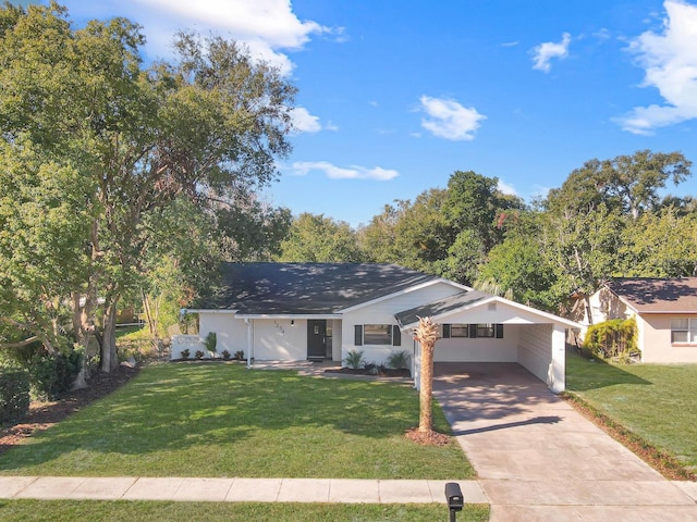 ranch-style home with a front lawn and a carport