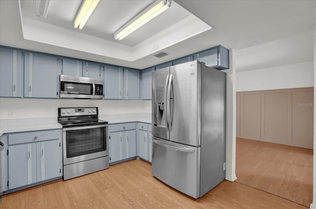 kitchen with a tray ceiling, stainless steel appliances, and light wood-type flooring