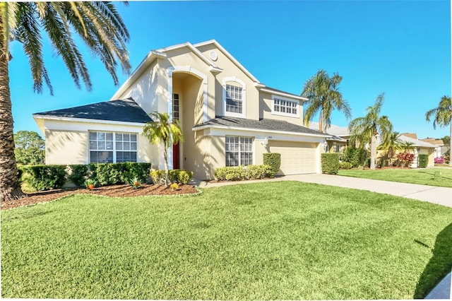 view of front of home featuring a front lawn and a garage