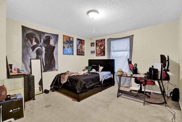 carpeted bedroom with a textured ceiling