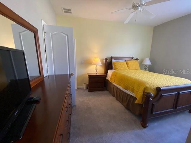 bedroom featuring carpet floors and ceiling fan