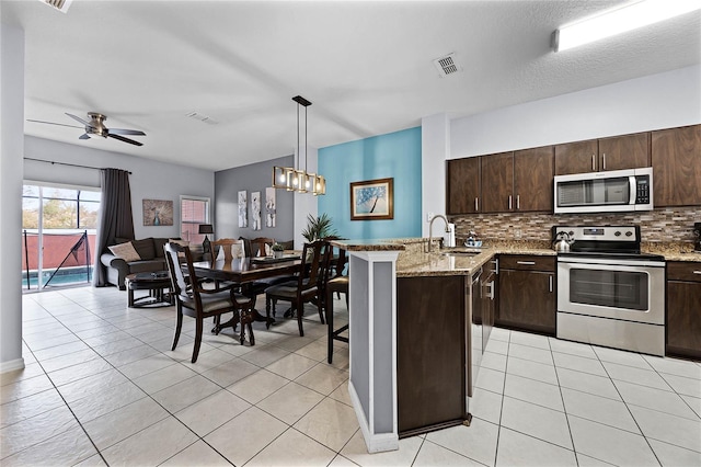 kitchen with sink, decorative light fixtures, dark brown cabinets, ceiling fan with notable chandelier, and appliances with stainless steel finishes