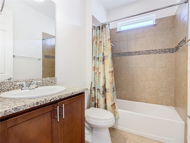 full bathroom featuring tile patterned flooring, vanity, shower / bath combination with curtain, and toilet