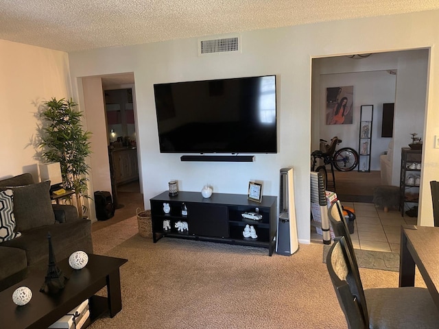 carpeted living room with a textured ceiling