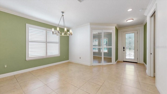 unfurnished dining area featuring light tile patterned floors, crown molding, and a notable chandelier