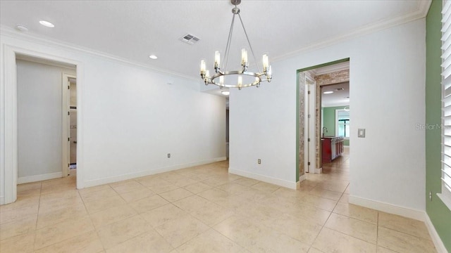 empty room with sink, light tile patterned floors, crown molding, and an inviting chandelier