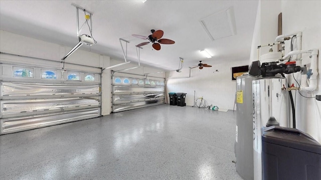 garage featuring ceiling fan and a garage door opener