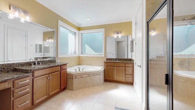 bathroom with shower with separate bathtub, vanity, and ornamental molding