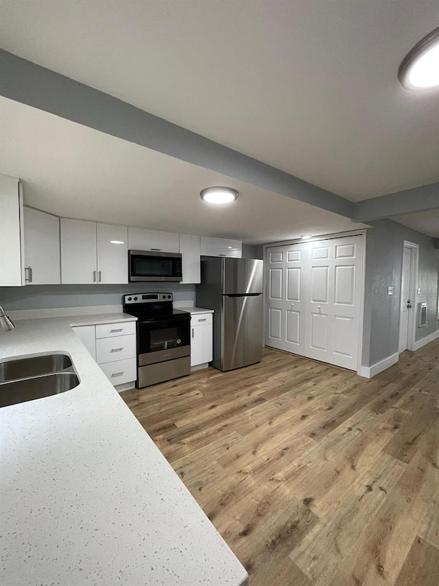 kitchen featuring sink, white cabinets, light hardwood / wood-style floors, and appliances with stainless steel finishes