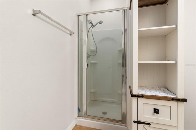 bathroom featuring a shower with shower door