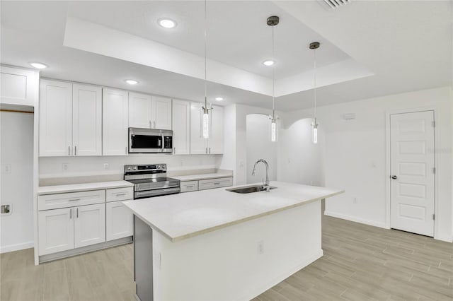 314A Dagama Ct, Kissimmee, FL 34758 - kitchen with a raised ceiling, a sink, wood finish floors, and appliances with stainless steel finishes