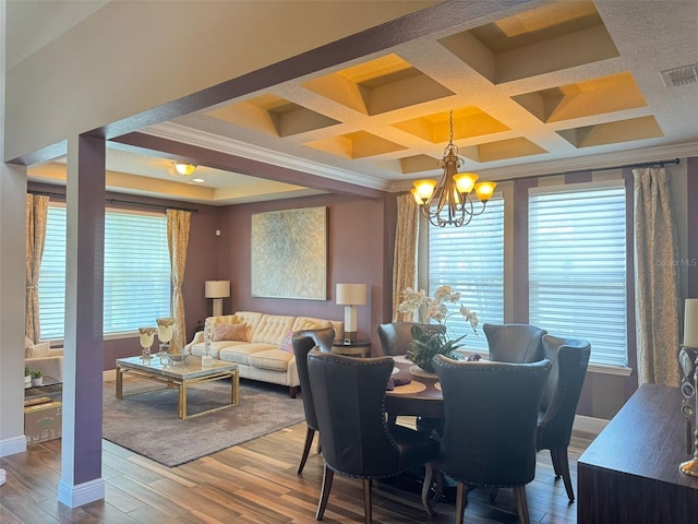 dining space with an inviting chandelier, a healthy amount of sunlight, coffered ceiling, and hardwood / wood-style flooring