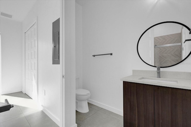 bathroom with tile patterned flooring, vanity, electric panel, and toilet