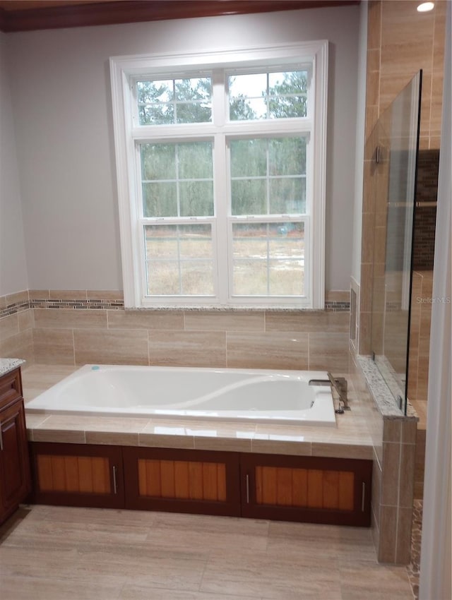 bathroom featuring vanity, a healthy amount of sunlight, and independent shower and bath