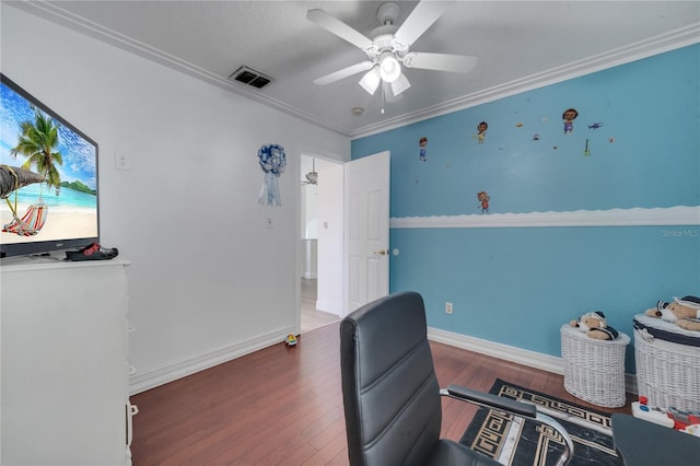 office area with a textured ceiling, dark hardwood / wood-style flooring, ceiling fan, and crown molding