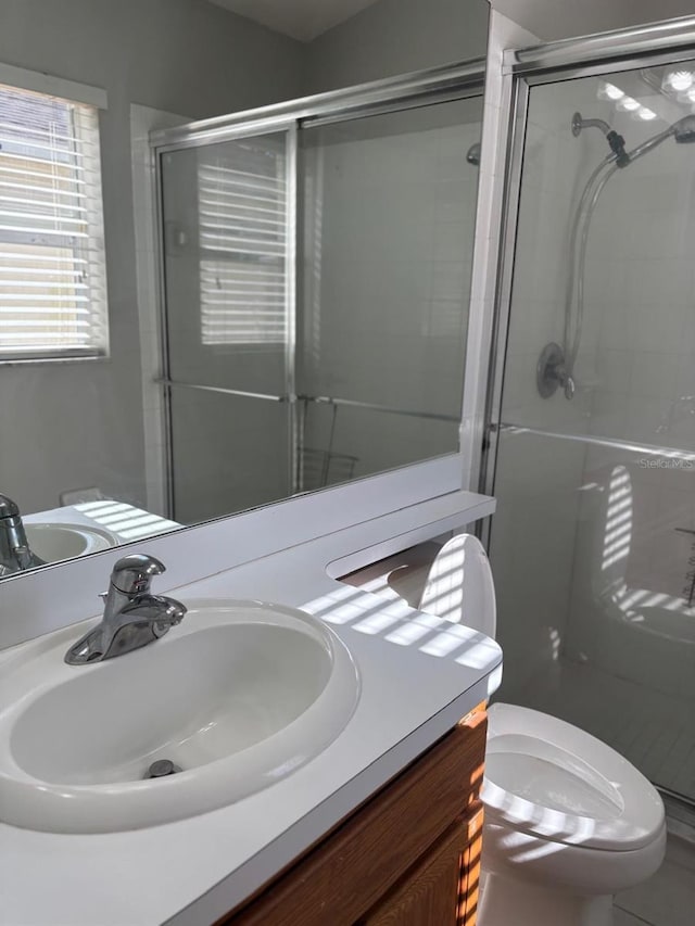 bathroom with vanity, toilet, and a shower with shower door